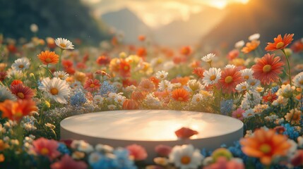 Wall Mural - A beautiful field filled with colorful flowers under a warm sunset, creating a serene and enchanting atmosphere.