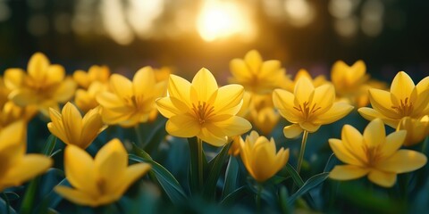 Wall Mural - Vibrant yellow tulips blooming in a garden at sunset, creating a warm and cheerful atmosphere.