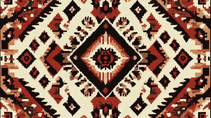 Fototapete - Colorful geometric rug design featuring a diamond pattern with earthy tones and intricate details in a warm setting. Generative AI