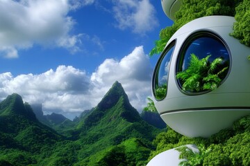 Poster - A futuristic hilltop city with glowing eco-friendly structures and advanced green technology