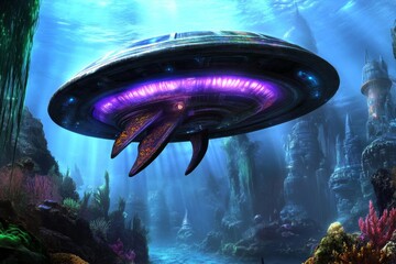 Poster - A futuristic underwater reef city with glowing corals and advanced marine habitats
