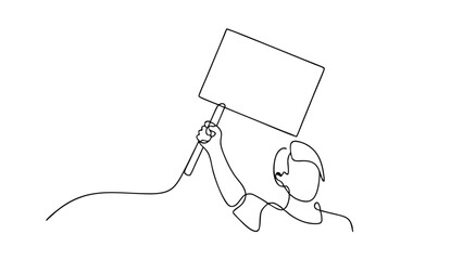 Poster - A minimalist line drawing depicts a person holding a blank sign aloft, suggesting protest, demonstration, or dissent. The singleline style emphasizes simplicity and impact.