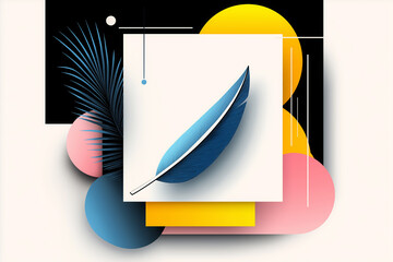 Wall Mural - Blue feather surrounded by colorful geometric shapes and abstract designs