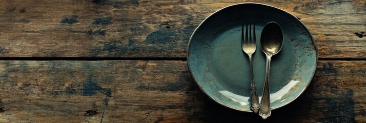 Aufkleber - Rustic table setting with vintage cutlery on worn wooden surface in natural light. Generative AI