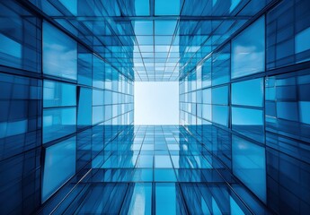 Poster - Unique Perspective of Urban Architecture, Sky Reflected in Modern Blue Glass Building Surrounded by Symmetrical Lines and Shapes in a Clear Daylight Setting