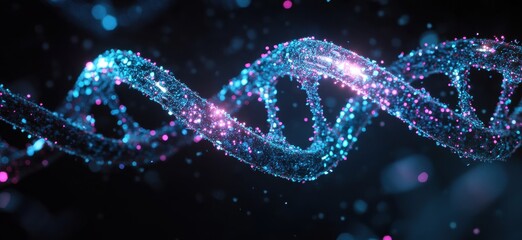 Poster - Vibrant 3D Render of DNA Helix with Glowing Particles in Blue and Pink Colors for Scientific and Technology Backgrounds