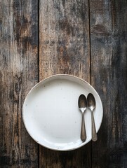 Aufkleber - Empty plate and two spoons placed on a rustic wooden table highlighting simplicity in everyday dining experiences. Generative AI