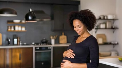 Poster - A pregnant woman smiles while gently cradling her belly in a modern kitchen. The environment is warm and inviting, reflecting advancements in surrogate technology and bioengineering.