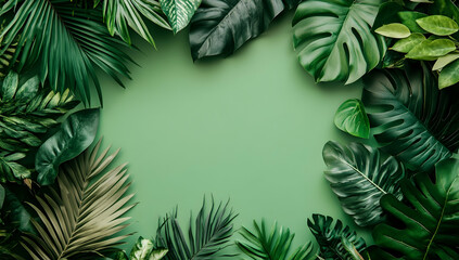 Poster - Green leaves border a light green background