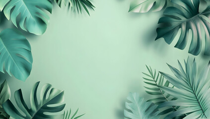 Poster - Green leaves border a light green background