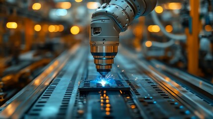 Poster - A robotic arm performs welding on a metal component within a bustling factory setting. Advanced automation and artificial intelligence drive efficiency in production processes.