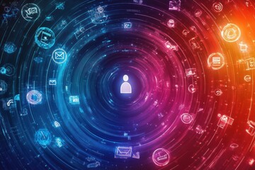 Fototapete - Vibrant digital vortex featuring user icons and communication symbols in contrasting colors. Generative AI