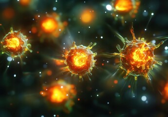 Poster - Vibrant Close-Up View of Colorful Microorganisms with Glowing Details in a Dark Background for Science and Health Research Illustrations