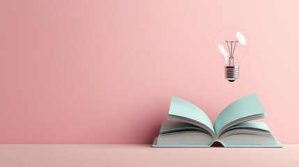 Poster - open book with light bulb above it symbolizes creativity and knowledge. pastel pink background adds modern touch to this imaginative scene