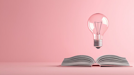 Aufkleber - digital illustration of open book with floating light bulb above it, symbolizing ideas and creativity. soft pink background adds calming effect to scene