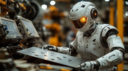 Aufkleber - A humanoid robot meticulously handles metal sheets in a bustling factory environment, showcasing cutting-edge engineering and automated assembly techniques crucial for efficient production.