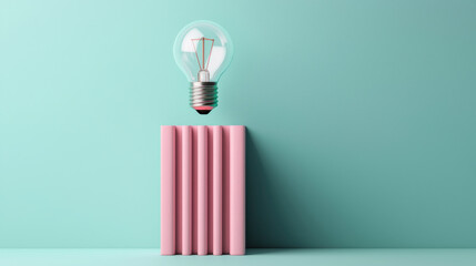 Poster - glowing light bulb above pink pedestal against mint green background creates modern and artistic atmosphere. This conceptual artwork emphasizes creativity and innovation