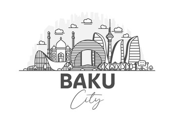 Wall Mural - Baku, Azerbaijan architecture line skyline illustration with shadows. Linear vector cityscape with famous landmarks, city sights, design icons.