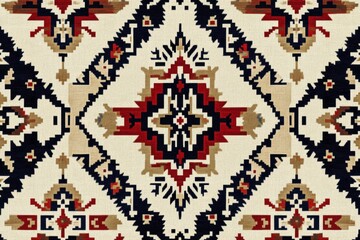 Poster - Traditional geometric design on a fabric featuring rich colors and intricate patterns for home decor. Generative AI