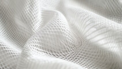 Poster - White mesh fabric with subtle texture and soft folds, showcasing intricate patterns and light reflections for artistic or fashion design applications