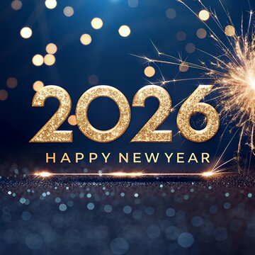 Glittering gold 2026 numbers, sparkling Happy New Year text, dark blue background
