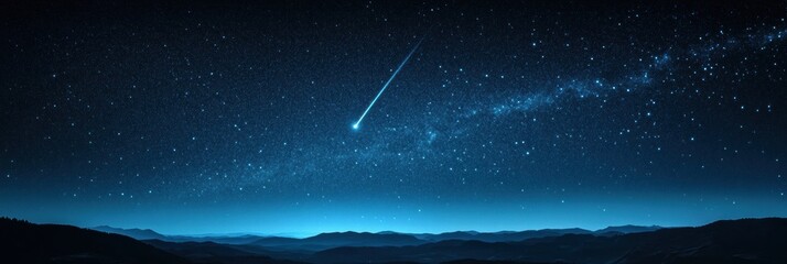 Poster - Night sky filled with stars and a bright meteor streaking across the horizon near a mountain range in a clear evening. Generative AI