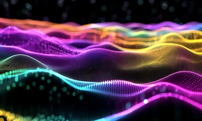 Wall Mural - 3d animation of neon beams shining brightly in colors from purple to electric green