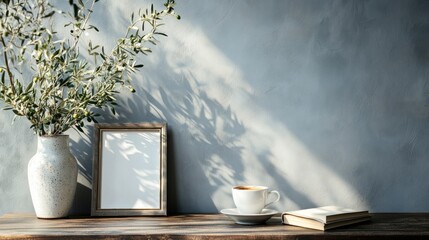 Poster - Empty Frame, Olive Branch, Coffee, Sunlit Room