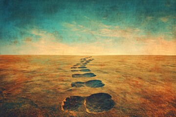 Aufkleber - Unique footprints mark a path across a barren landscape during sunset under a vibrant sky. Generative AI