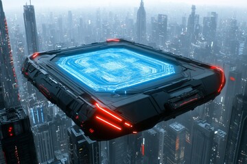 Poster - A neon-lit cyberpunk-style footbridge with glowing blue holograms, suspended high above a futuristic city
