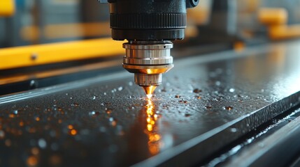 Poster - A powerful laser beam focuses on a metal sheet, cutting through with precision in a modern manufacturing plant. The machinery operates efficiently, showcasing advanced engineering techniques.