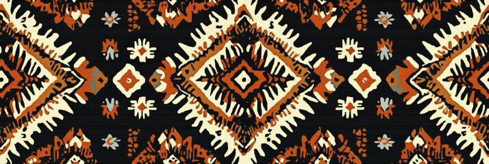 Fototapete - Colorful tribal pattern featuring intricate designs in orange and cream on a rich black background. Generative AI
