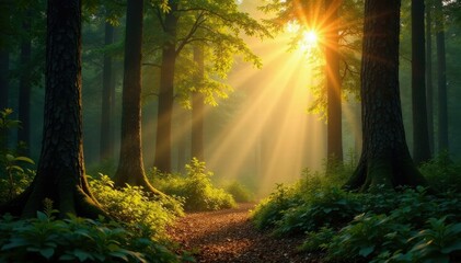 Wall Mural - A tranquil forest glade bathed in warm golden light, serene, light, forest