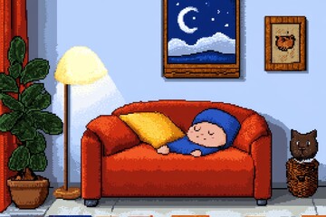 Aufkleber - A pixel art nursery with a tiny sleeping baby in a crib, glowing nightlight, and animated twinkling stars
