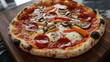 © Sarunya - A classic Italian pizza with pepperoni, mushrooms, and bell peppers, topped with melted mozzarella and tomato sauce, set on a rustic wooden board