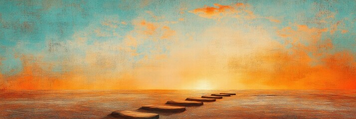Fototapete - Steps leading to a stunning sunset over water with colorful skies and golden hues. Generative AI