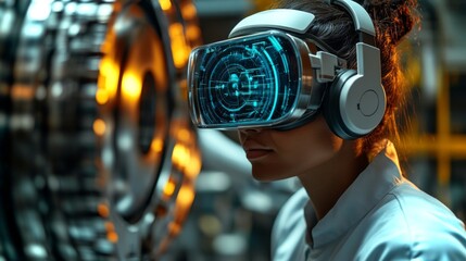 Poster - In a modern workshop, a worker with a virtual reality headset and headphones engages with advanced manufacturing equipment, optimizing processes through immersive technology.