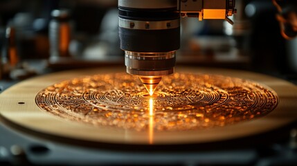 Poster - Intricate designs are being laser engraved on a wooden surface in a high-tech manufacturing facility, showcasing the precision of automated machinery during production.