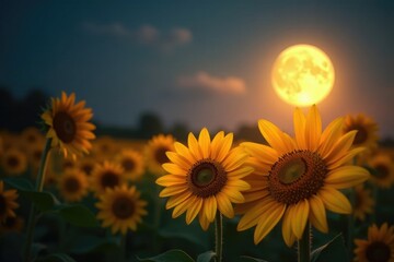 Wall Mural - Softly glowing moon illuminates sunflower blooms, serene, warm, glow