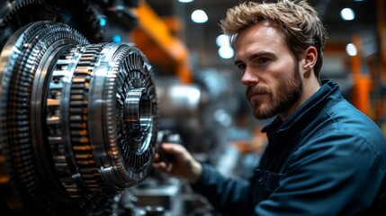 Fototapete - A technician is engrossed in inspecting sophisticated machinery within a bustling factory environment. The atmosphere reflects a commitment to precision and safety in industrial practices.