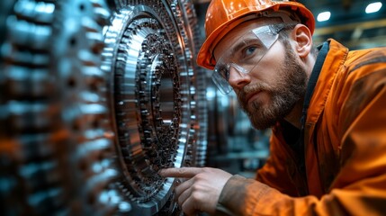 Poster - A technician in an orange work uniform and helmet inspects machinery components closely in a factory setting. The focus is on ensuring equipment is functioning properly for safety and efficiency.