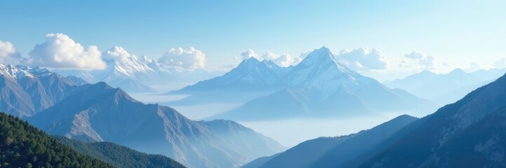 Wall Mural - White clouds scattered across a mountain range, light, serene