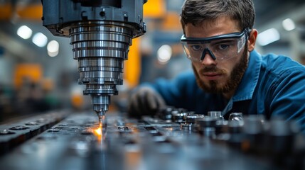 Fototapete - A skilled worker in safety glasses and gloves meticulously operates a CNC machine in a busy factory, ensuring high-quality production standards. Sparks fly as machinery runs efficiently.