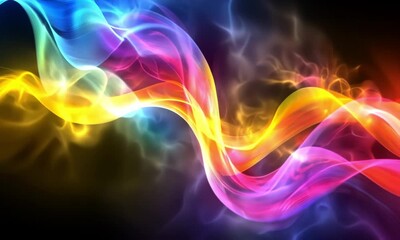 Wall Mural - beautiful neon lights smoke waves video in radiant red yellow blue colors