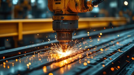 Poster - In an advanced manufacturing facility, a robotic arm performs precision cutting on metal tracks, creating bright sparks. This showcases automated engineering and efficiency in action.