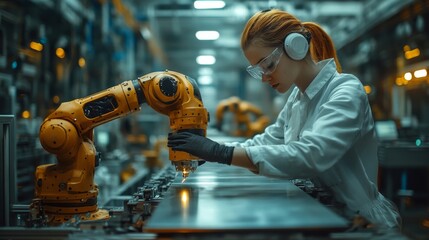 Aufkleber - A technician wearing protective gear operates a robotic arm in a state-of-the-art manufacturing facility. The automation enhances precision in production processes.