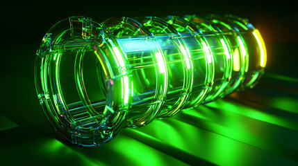Poster - A glowing, green cylindrical structure reflects light, creating vibrant patterns against a dark background, showcasing a blend of art and technology.