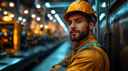 Poster - A confident skilled worker wearing a safety helmet and work attire stands in a well-lit factory, showcasing a commitment to safety and engineering excellence amid machinery operation.