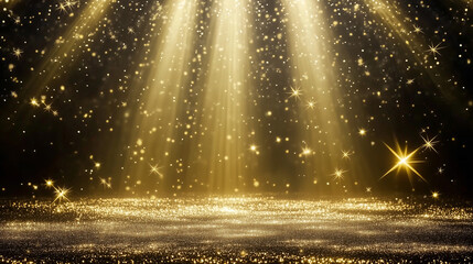 Poster - Golden radiant beams of light illuminating sparkling particles, creating a magical and ethereal atmosphere for luxury events, celebrations, and award ceremony backgrounds. Ideal for festive designs an