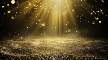 Poster - Golden radiant beams of light illuminating sparkling particles, creating a magical and ethereal atmosphere for luxury events, celebrations, and award ceremony backgrounds. Ideal for festive designs an
